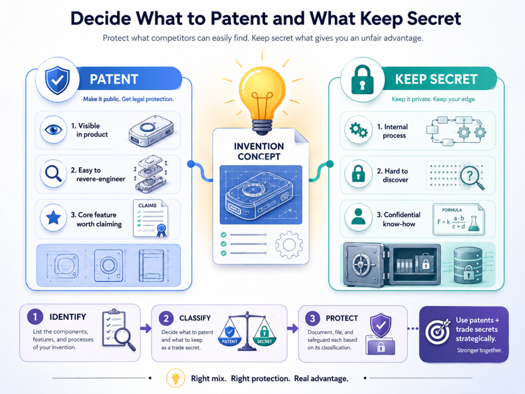 Not every valuable idea should go into a patent filing. Some things are better kept as trade secrets. A strong provisional strategy includes this choice. It is not just “file everything.” It is “file what helps create protection, and keep secret what is better protected by staying hidden.”