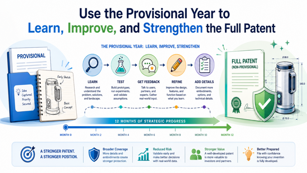 The 12 months after filing a provisional should be active. This is not dead time. It is not a waiting room. It is your chance to learn which parts of the invention matter most before you file the full non-provisional application.