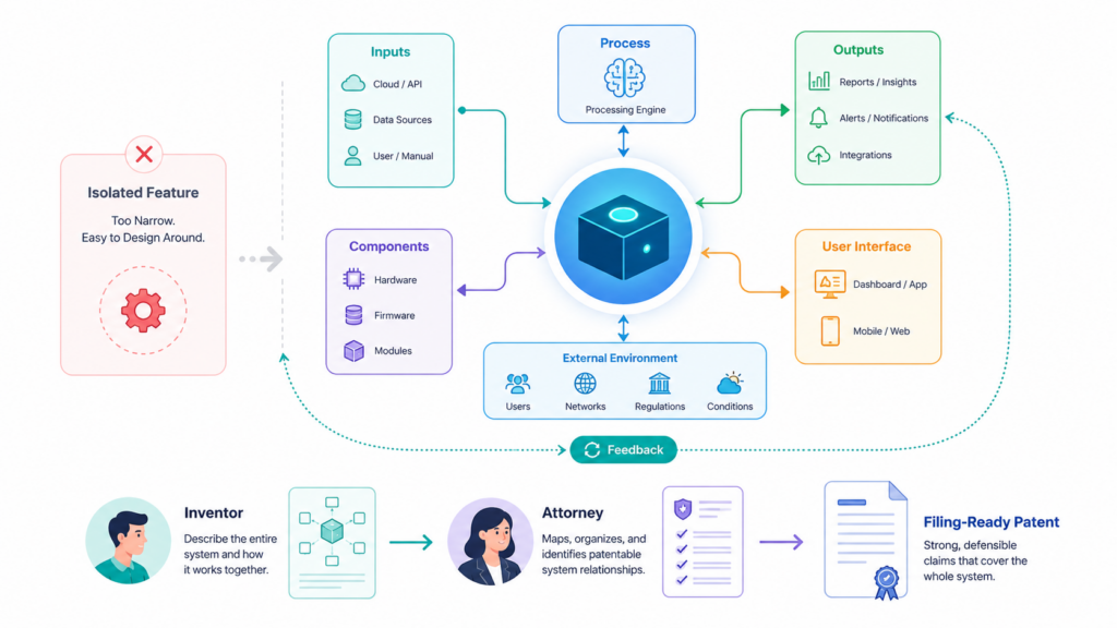A patent-ready workflow gets stronger when the team stops talking about the invention as a feature and starts mapping it as a system. A feature is what the user sees. A system is what makes the feature work.