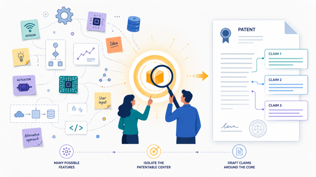 Before the attorney writes claims, the team needs to find the patentable center. This is the part of the invention that deserves the most care. It is not always the coolest part of the product.