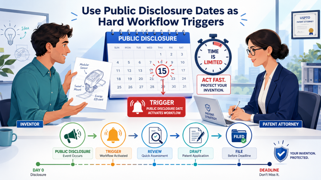 Public disclosure is one of the biggest timing risks in the patent process. A public disclosure can include a product launch, demo day, investor deck, conference talk, sales page, technical blog, open-source release, customer pilot, academic paper, app store listing, video, webinar, pitch competition, or even a public GitHub repo. For a startup, these events happen often and fast.