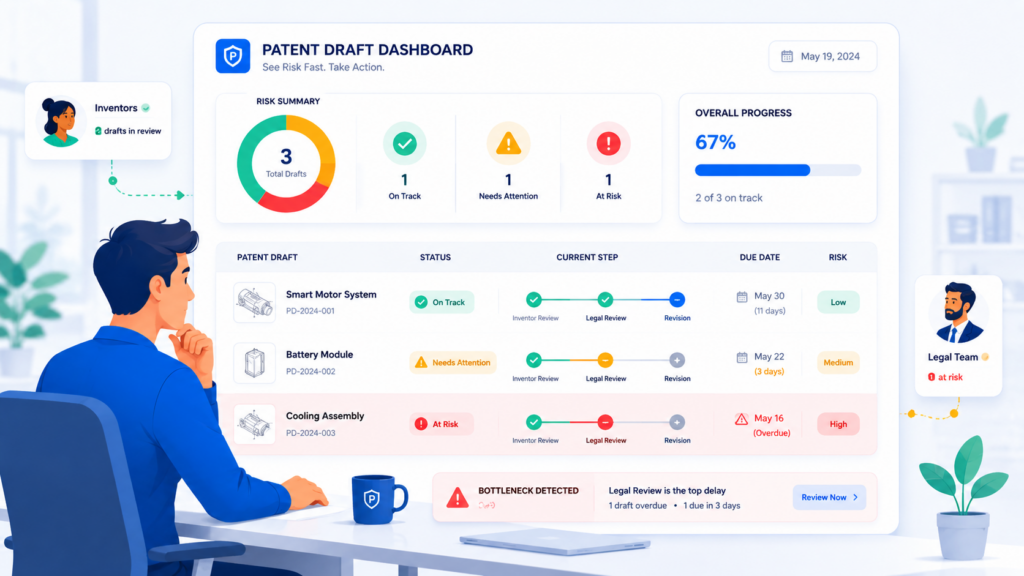Founders do not need to read every comment in every patent draft. They need to see risk fast. A strong patent draft dashboard should answer the questions that matter most.