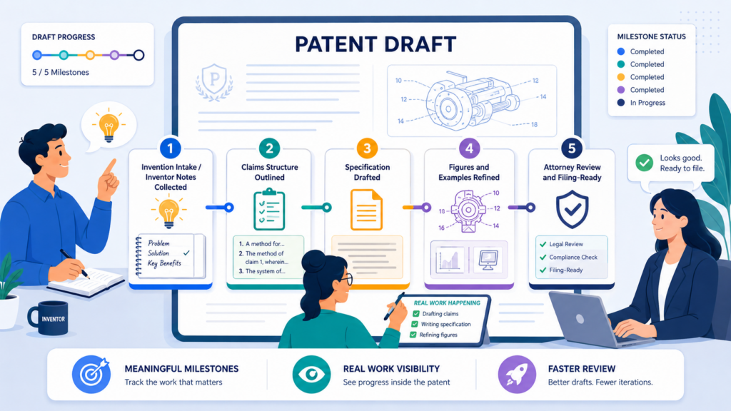 A patent draft is not one task. It is a set of connected pieces. The claims, description, drawings, examples, inventor review, legal review, and filing package all need attention. If the tracker only says “drafting,” it hides too much.