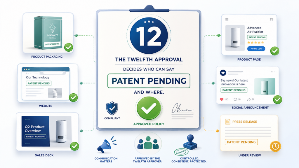 Once a patent application is filed, the company may want to use “patent pending” in product pages, pitch decks, packaging, sales materials, investor updates, or press materials.