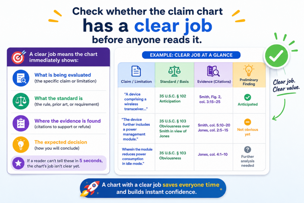 A claim chart should not feel like a pile of copied text. It should have one clear job. Before you share it, ask what the reader is supposed to learn from it. Is the chart meant to compare a claim to a product?