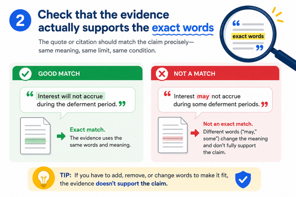A claim chart should never rely on almost-right support. The source should match the claim words as closely as possible.