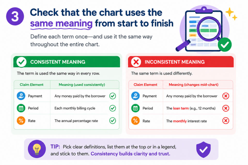 A claim chart becomes hard to trust when the same word is used in different ways. This happens often when several people help build the chart. One person may use “model” to mean a trained AI model.