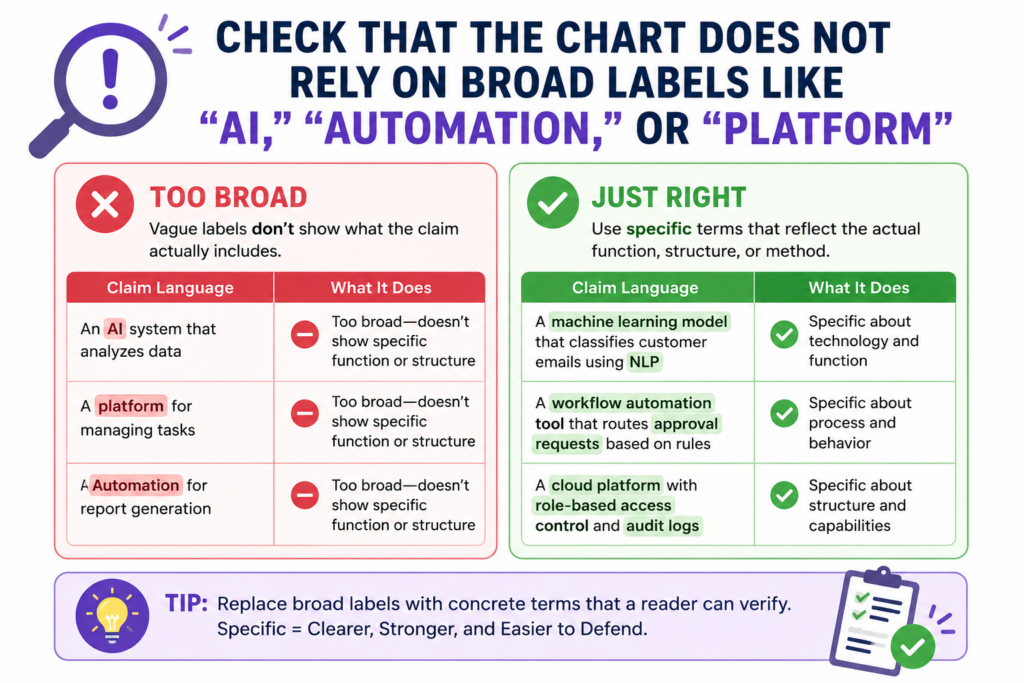 Broad words can make a claim chart sound modern, but they often do not prove much. Words like “AI,” “automation,” “cloud,” “engine,” “platform,” “workflow,” and “smart system” can be useful in normal business talk. In a claim chart, they can hide the real question.