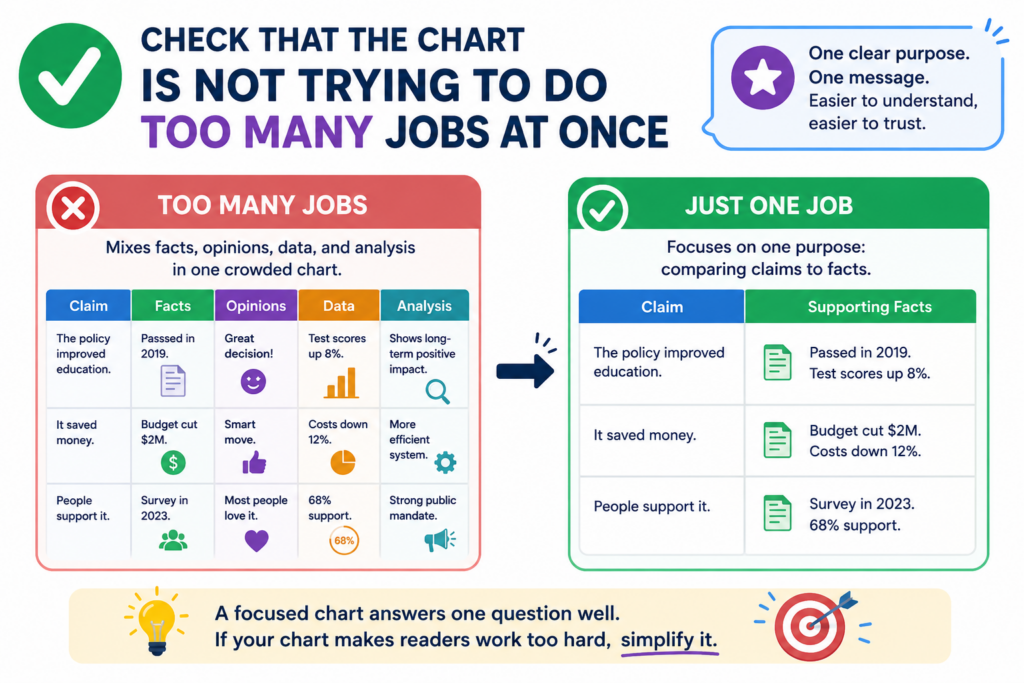 A claim chart can support many kinds of decisions, but one chart should not try to serve every reader at the same time.
