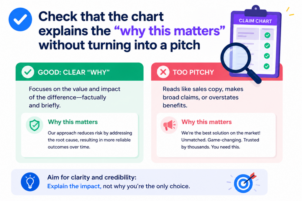 A claim chart should not read like sales copy. It should not try to hype the product or make the invention sound bigger than the support allows. But it should still help the reader understand why each point matters.