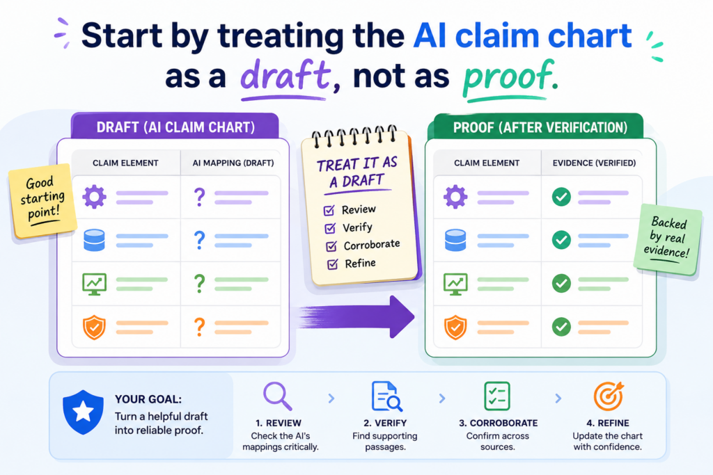 AI is useful because it can move fast. It can read a patent claim, break it into parts, search a product page, and write a chart that looks neat.