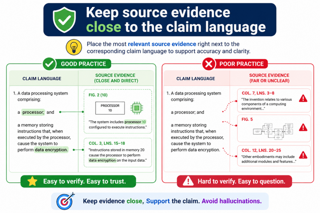 A claim chart becomes easier to trust when the proof is close to the claim part it supports. This sounds simple, but it is often where messy charts fail.