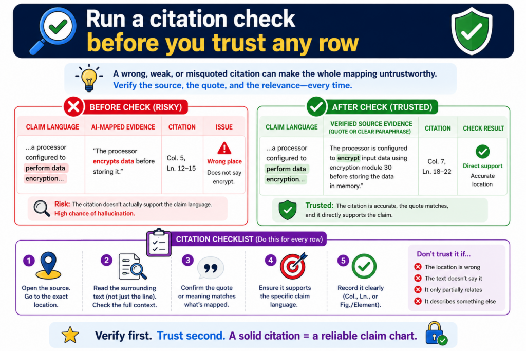 A citation is not proof by itself. It is only a door to the proof. The row still needs to show that the cited source actually supports the claim part.