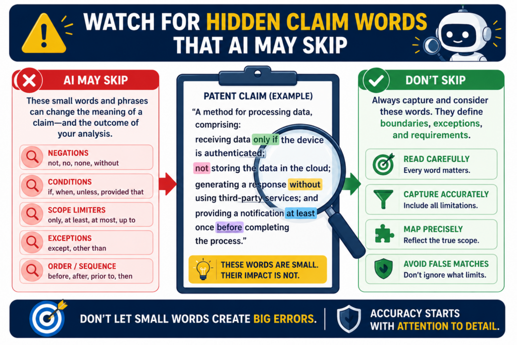 Patent claims often include small words that do big work. AI may focus on the main nouns and verbs while skipping words that limit the claim. That can make the chart look stronger than it is.