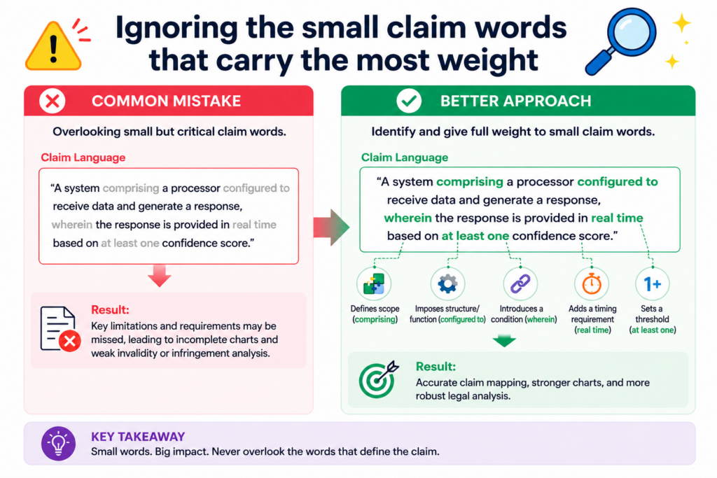 Words like each, based on, in response to, before, after, between, automatically, continuously, selected from, and configured to can change the meaning of a claim.