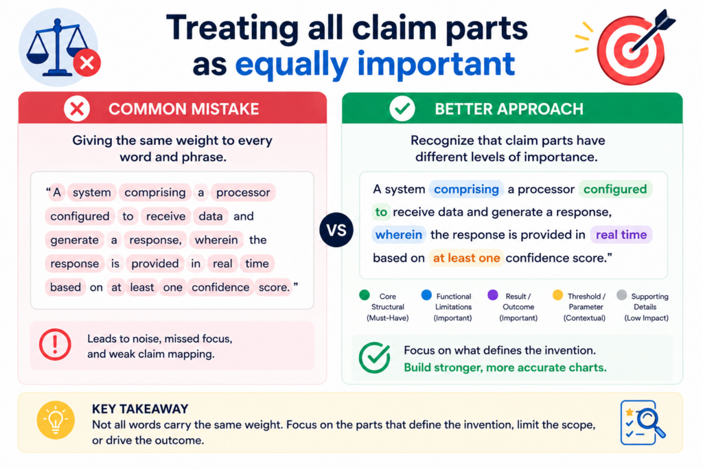 Not every part of a claim carries the same practical weight. Some parts are broad setup language.
