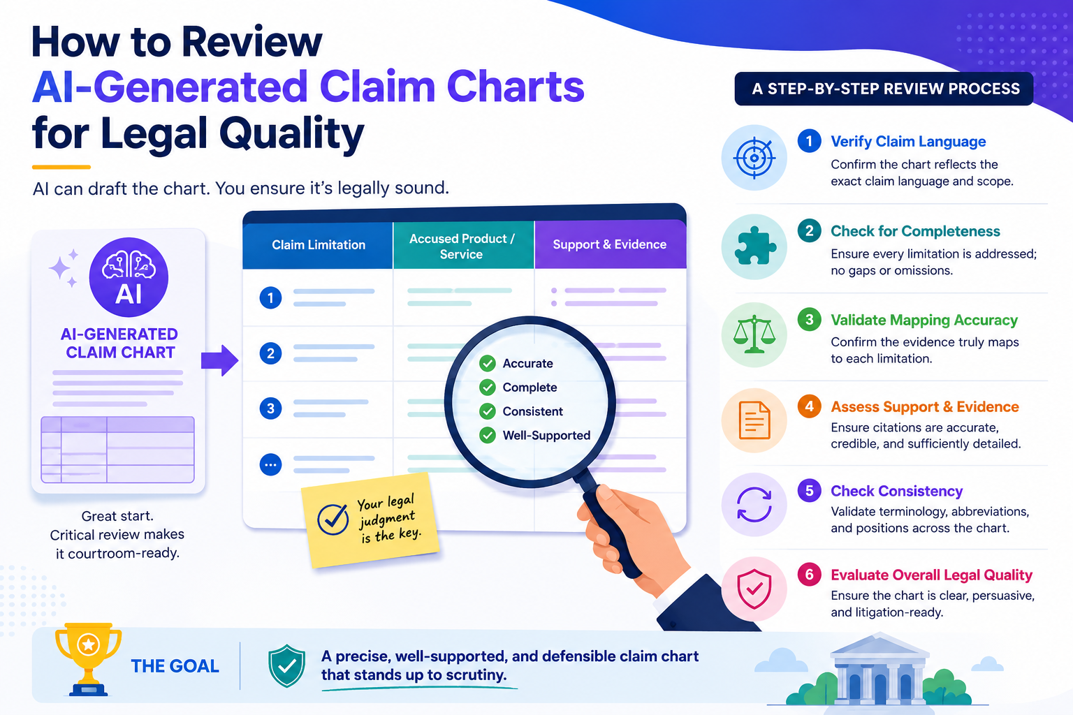 Discover key steps for reviewing AI-generated claim charts to improve accuracy, completeness, and legal defensibility before use.