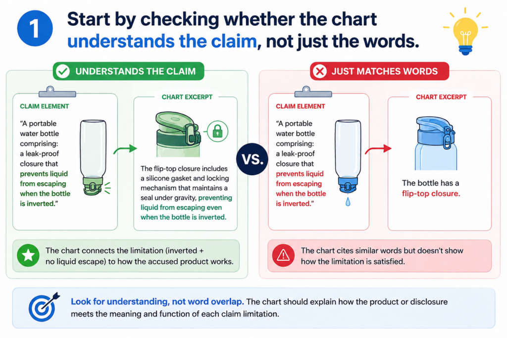 An AI-made claim chart can often find matching words. That does not mean it understands the claim. This is the first thing to check. A strong review starts with the claim itself, not with the evidence.