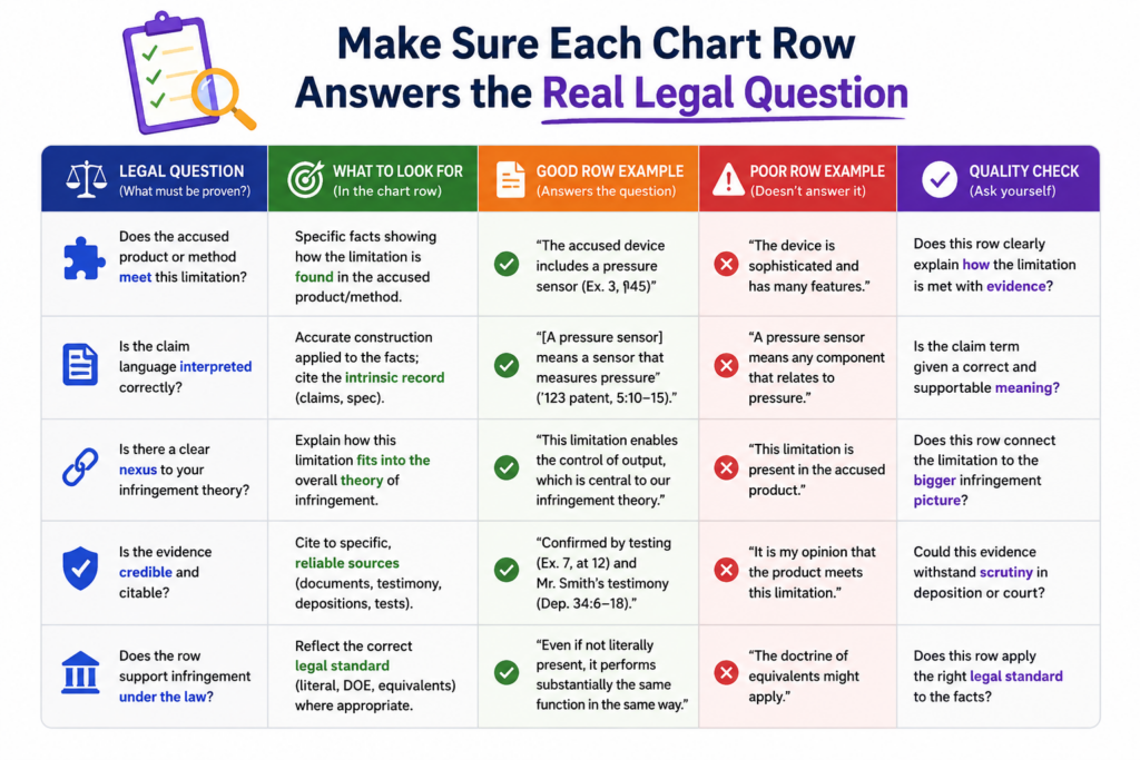 A claim chart is not a place to dump text. It is not a storage box for copied passages. Each row should answer one clear question: where is this exact claim part shown in the target material?
