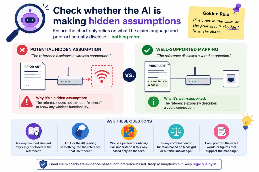 AI can sound very sure even when it is guessing. This is one of the biggest risks in claim chart review. The chart may not say, “I am assuming this feature exists.” It may simply state the match as if it were proven.