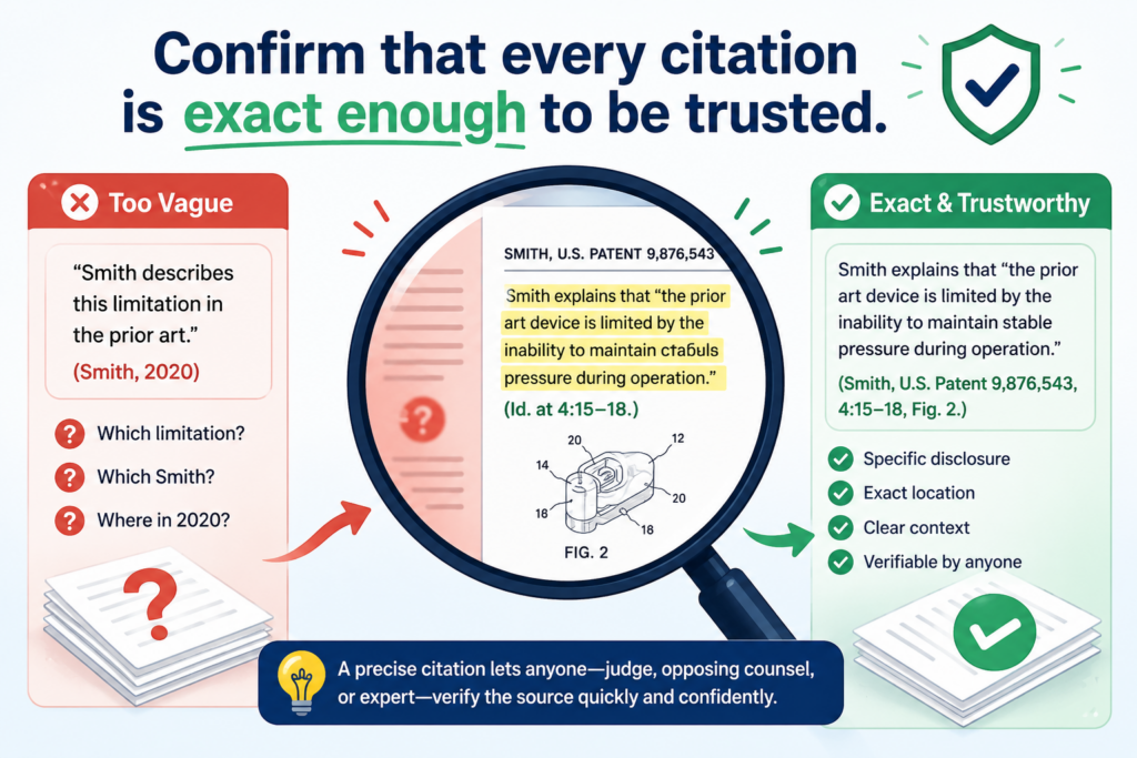 A claim chart is only as strong as its citations. If the citation is vague, the reader has to hunt. If the reader has to hunt, trust drops. This is true even when the evidence itself is good.