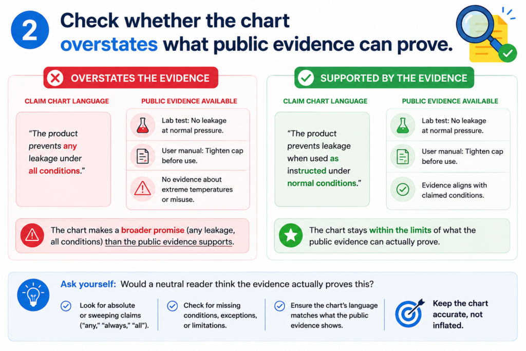 Public evidence is often useful, but it has limits. A product page, demo, help article, or white paper may show some claim parts clearly.