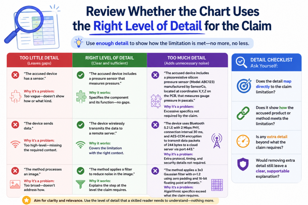 A strong claim chart does not explain too little, and it does not explain too much. It gives the right amount of detail for the claim part being reviewed.