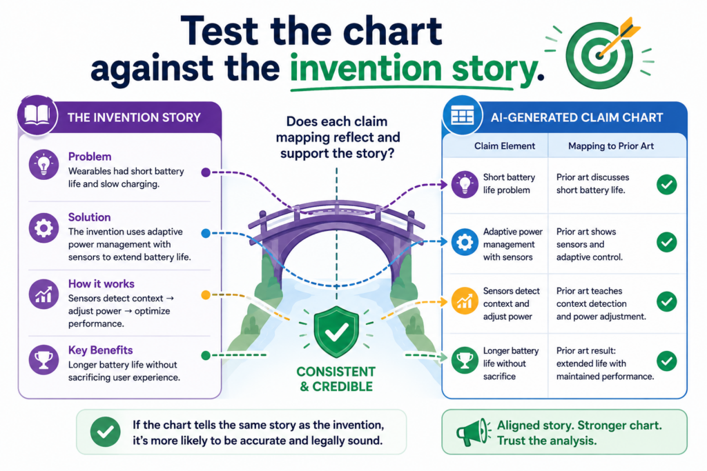 A claim chart should not be reviewed in a vacuum. It should fit the larger invention story.