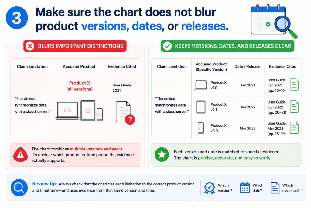 Time matters in claim charts. Product features change. Docs get updated. Code moves. AI models are replaced. A chart that ignores timing can become misleading even when the sources look real.