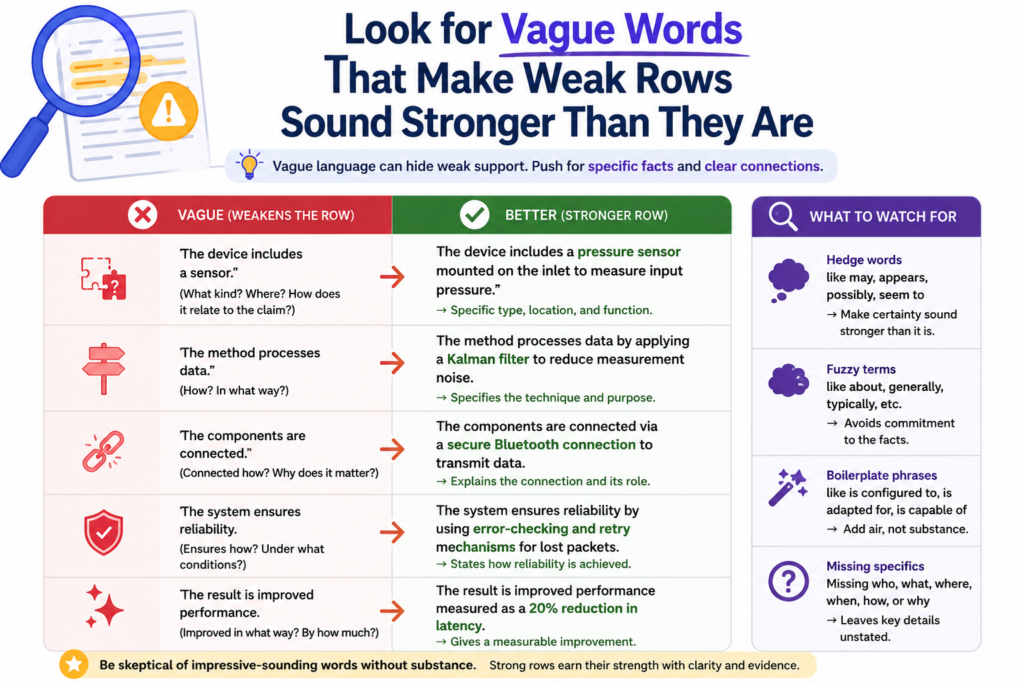 AI writing can sound smooth. That is not always good. Smooth language can hide weak proof. When reviewing AI-generated claim charts, watch for words that make a row feel complete without actually showing the match.