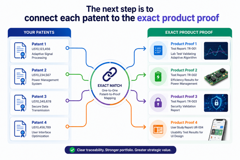 Once the product is broken into layers, the next move is to connect patents to proof. This means you do not just say a patent covers a feature. You link it to real evidence inside the company.