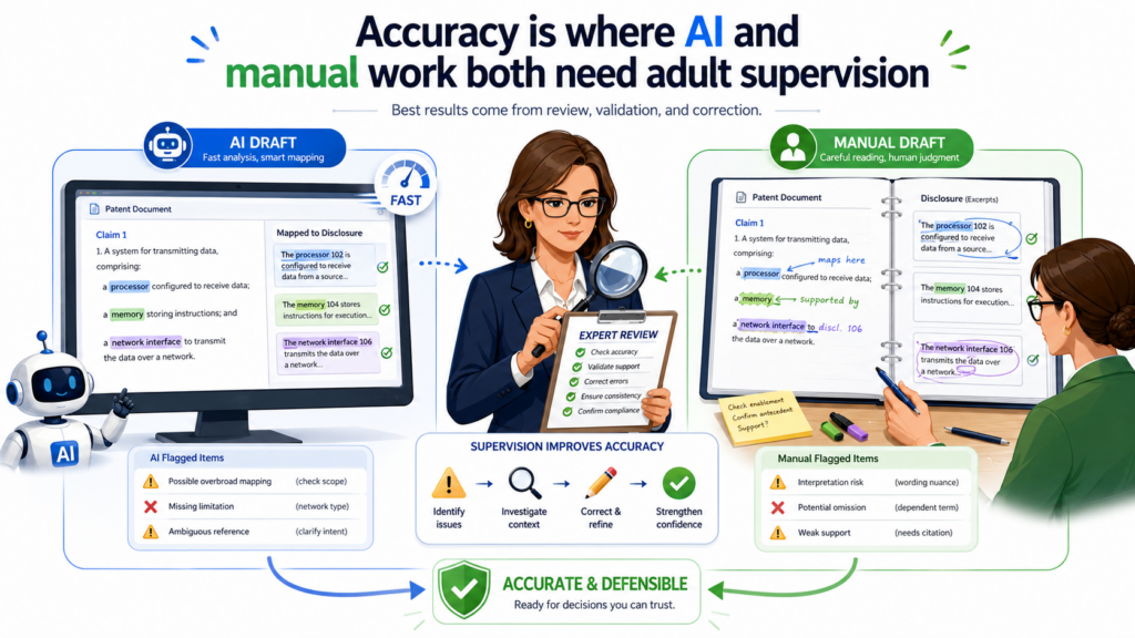 Accuracy is the part everyone worries about, and for good reason. A claim chart can move fast and cost less, but if it is wrong, it is not useful. Accuracy means each claim part is matched to real proof in a way that makes sense.