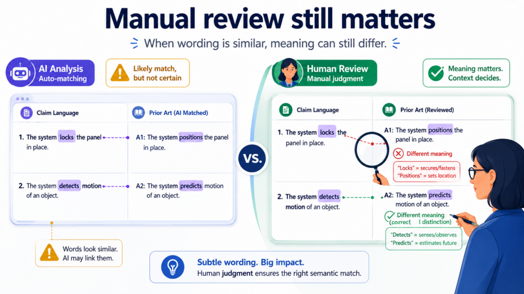 AI can find similar language, but claim charting is not a word-matching game. A product page may use words that sound close to a patent claim, yet the real system may work in a different way.