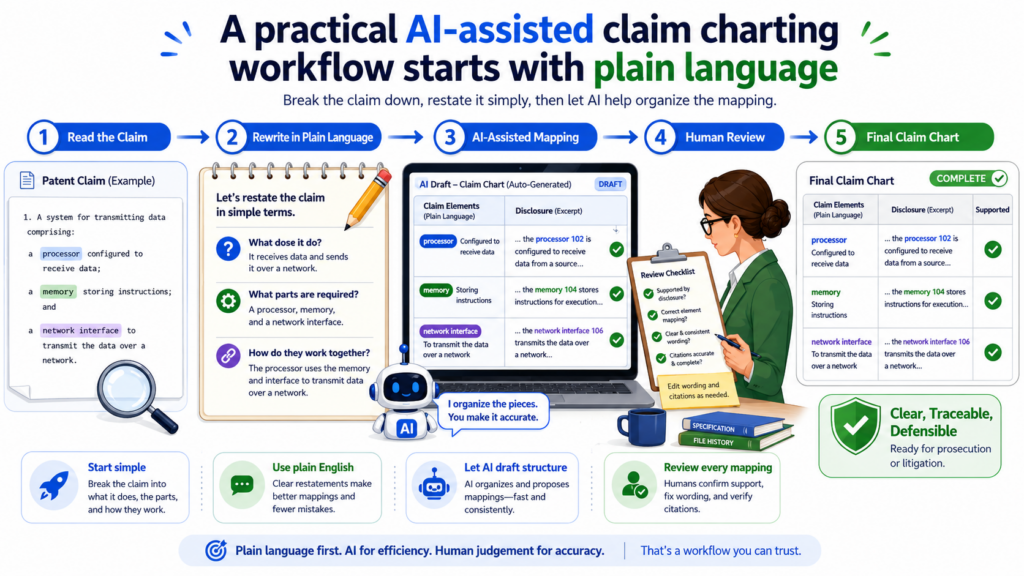 The best claim charting process starts before the search begins. It starts by turning the claim into plain language.