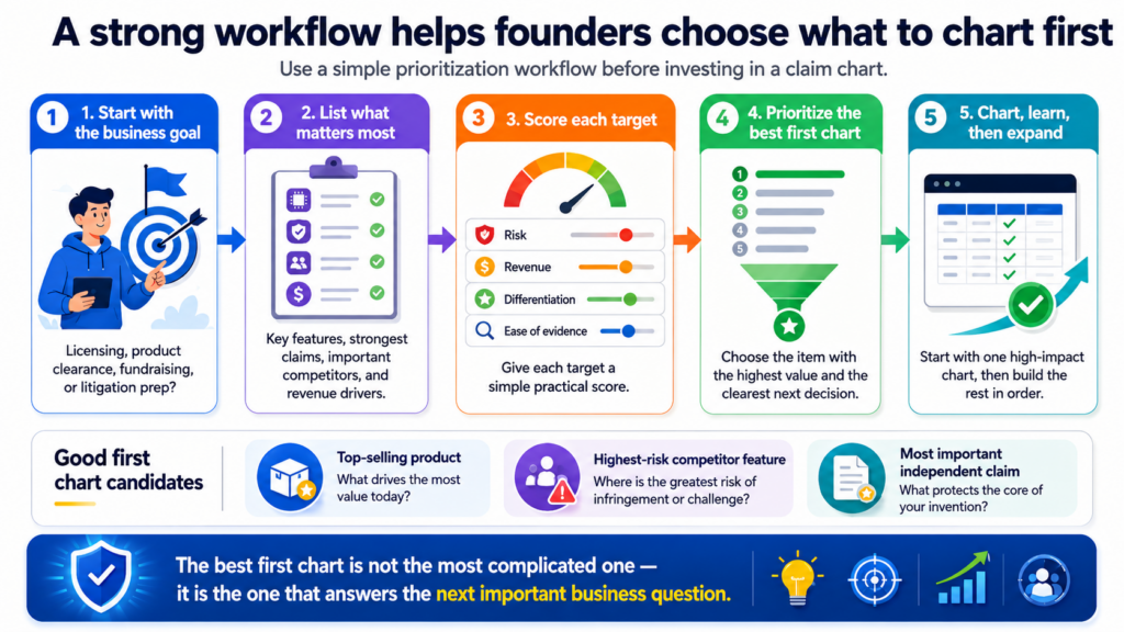 Not every patent, claim, product, or feature deserves the same level of charting right away. Startups have limited time. They need to know where to focus.