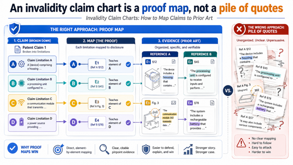 An invalidity claim chart should make one thing easy to see: the patent claim is not as new as it looks. That is the whole job.