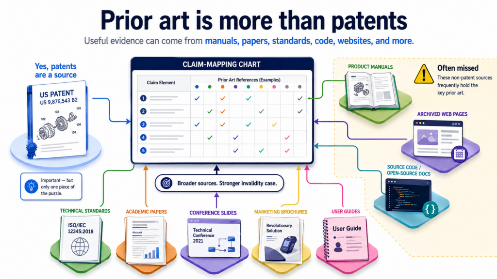 Many people think prior art means old patents only. That is not true. Older patents can be very useful, but they are not the whole world. Prior art can include many public materials that show the idea before the patent’s key date.
