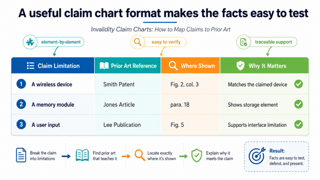 The format of an invalidity claim chart should serve the reader, not impress the reader. A chart that looks complex may feel serious, but if it slows people down, it is not doing its job.
