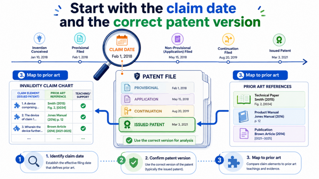 Before you map a claim to prior art, make sure you are working from the right patent, the right claim, and the right date. This sounds basic, but it is one of the easiest ways to make a chart unreliable.