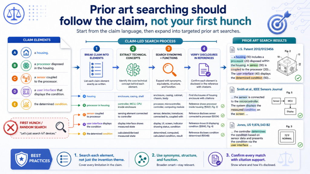 A common mistake is to search for the invention name instead of the claim idea. That can miss the best prior art. Patents often use broad words. Product teams often use brand names or internal names.