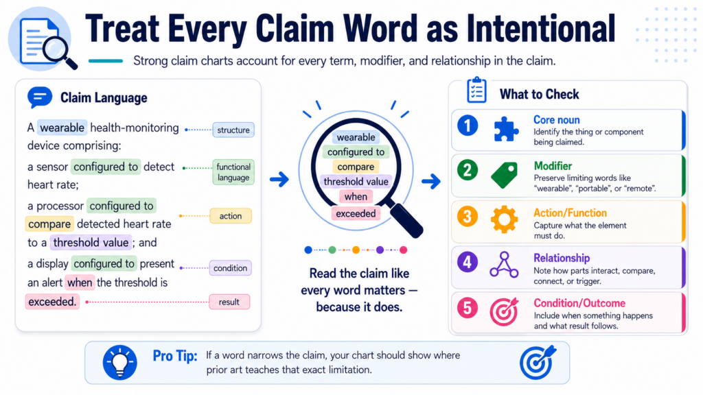 A claim chart gets stronger when it respects the full claim, not just the main idea. This is where many weak charts lose power.