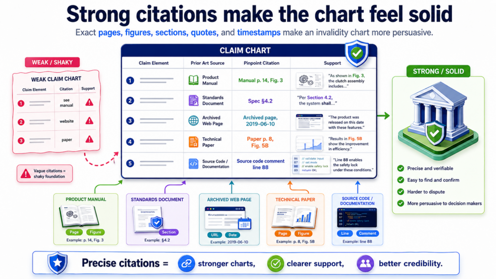A claim chart is only as strong as the proof behind it. A clean explanation helps, but the reader still needs to see where the support comes from.