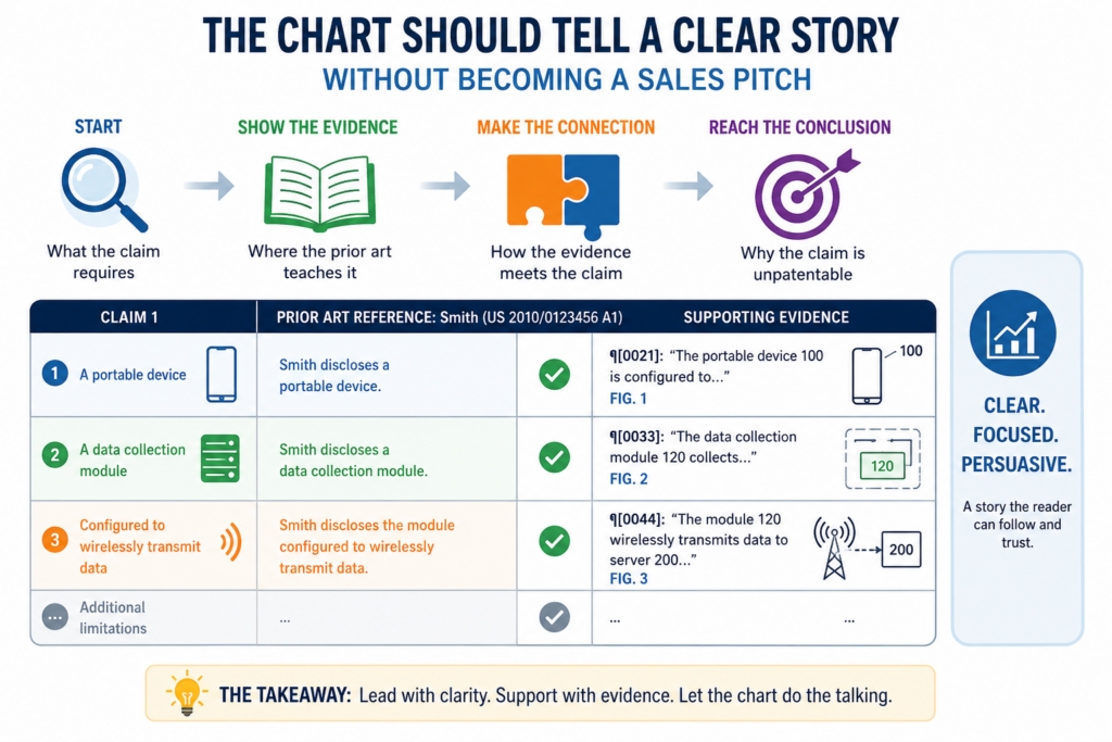 An invalidity claim chart is not a blog post, a pitch deck, or a courtroom speech. It should not try too hard to persuade with big claims. Its power comes from order, proof, and clarity.