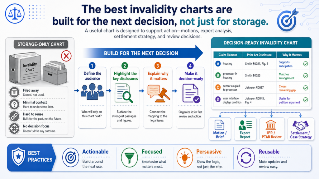A claim chart is not just a document. It is a decision tool. It should help a team decide what to do next.