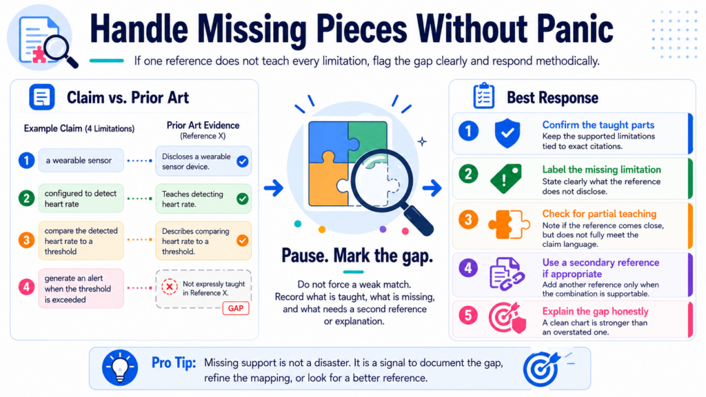 Almost every serious invalidity chart has a moment where the team finds a missing piece. That is normal. The first reference may not show every claim part. The first search may miss the best document.