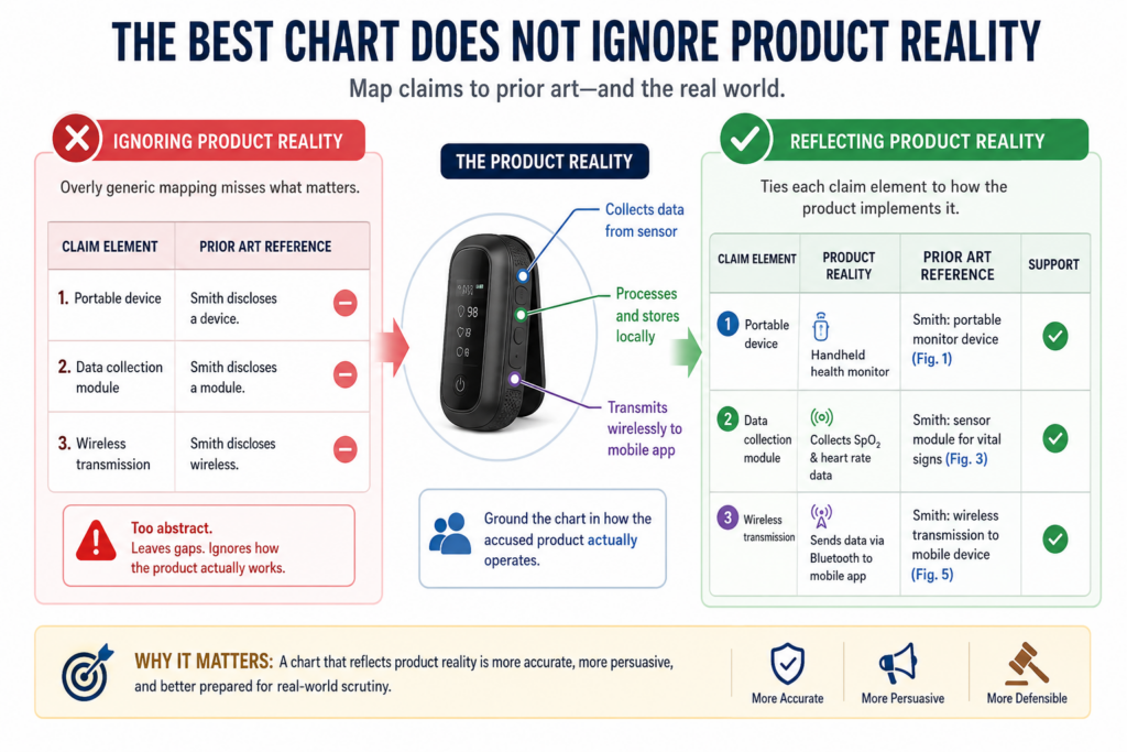 Patent claims live on paper, but real products live in messy systems. A claim may describe one clean flow, while the actual product has edge cases, settings, versions, and optional features.