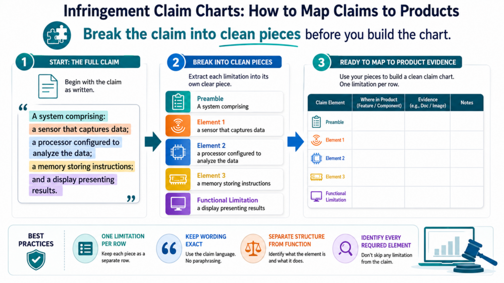 Once you understand the claim as a whole, you need to break it into pieces. These pieces are often called claim elements. In plain words, each element is one required part of the claim.