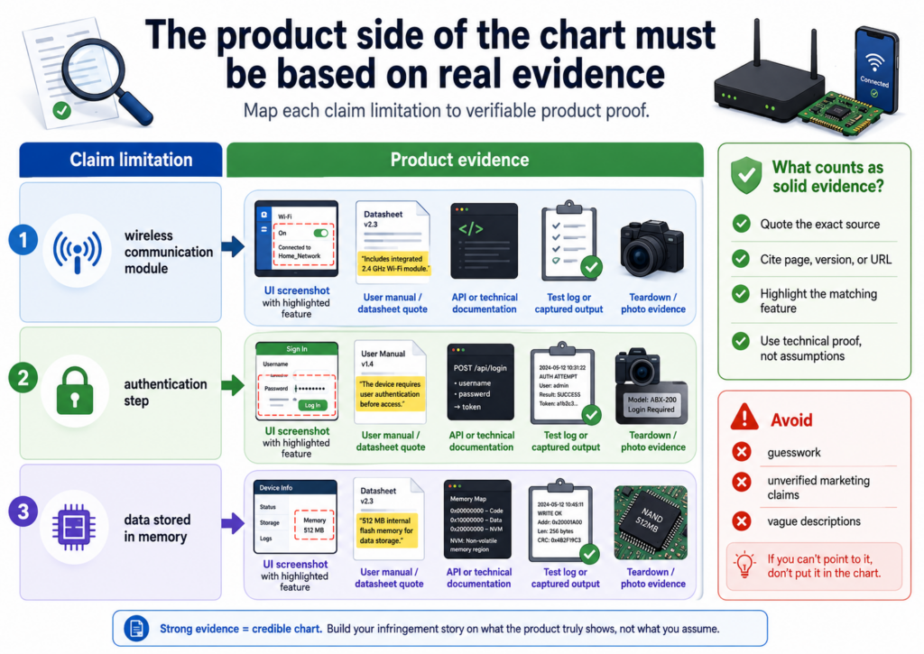 A claim chart is only as strong as the evidence behind it. You may believe a competitor’s product works a certain way, but belief is not enough. You need sources.