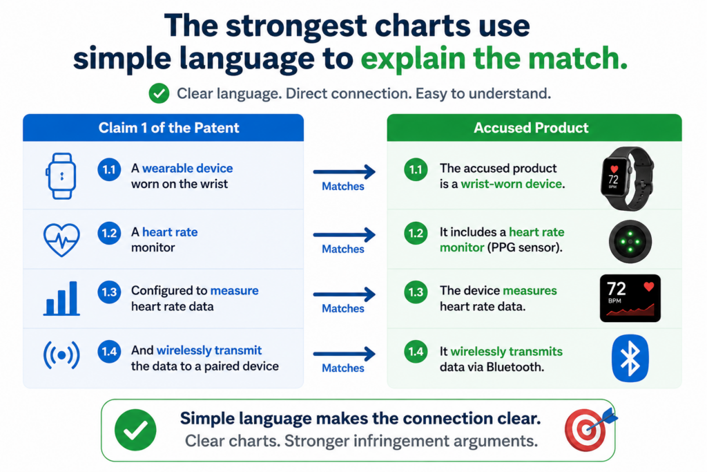 A claim chart is not the place to show off. It is the place to make the match easy to see. That means the explanation should be plain, direct, and tied to the words of the claim.
