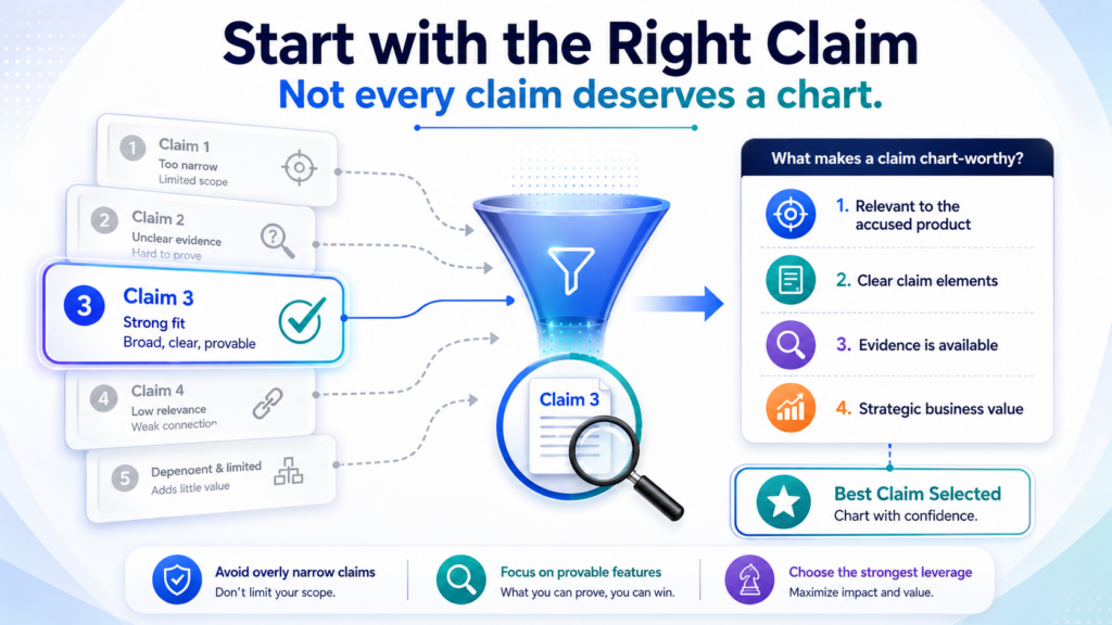 Before you map a patent to a product, choose the claim with care. This choice matters more than many teams think. A patent may have many claims, but not all of them are good targets for a claim chart.